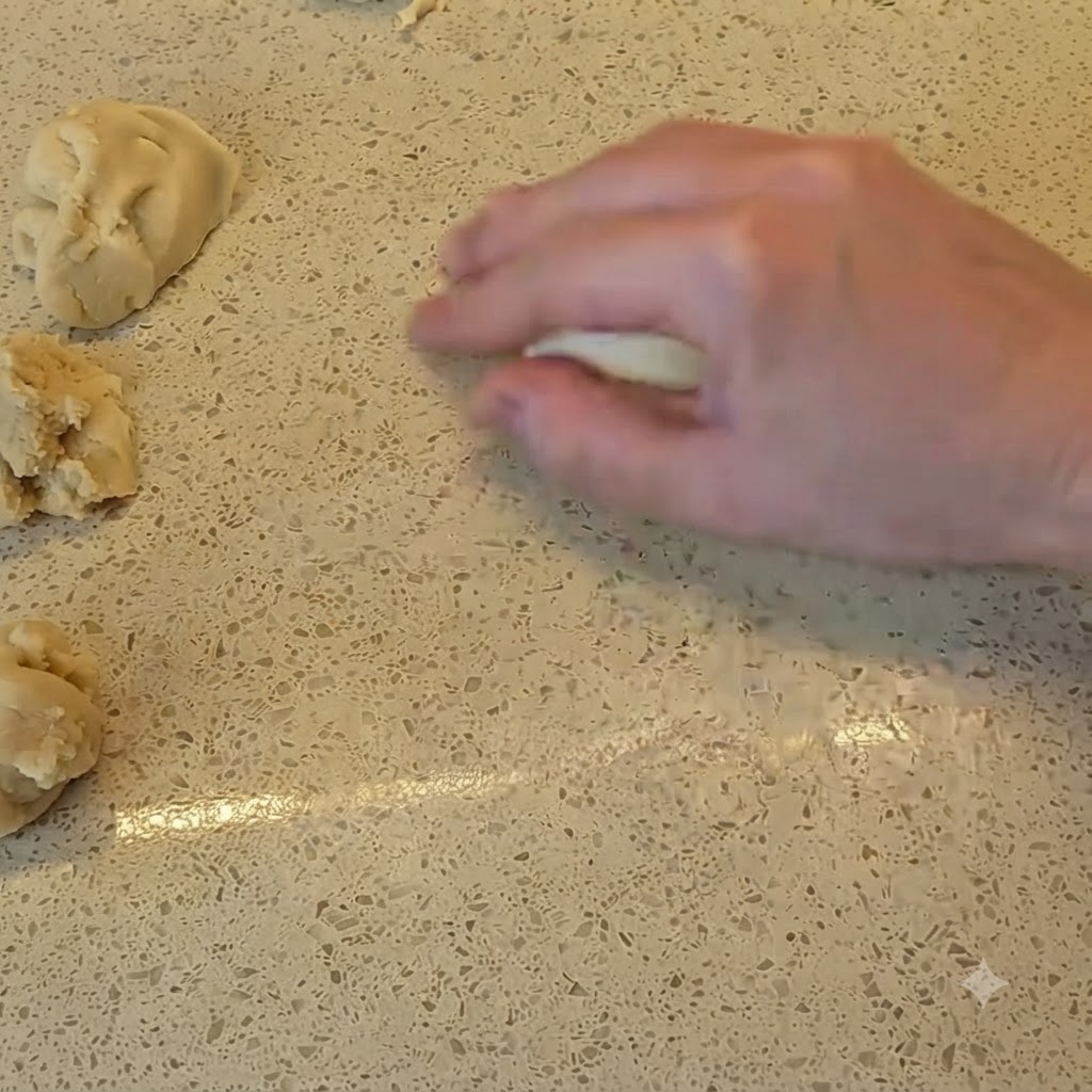 Eine Hand rollt ein kleines Teigstück auf einer gesprenkelten Arbeitsfläche zu einer glatten Kugel, während andere Teigteile daneben liegen.
