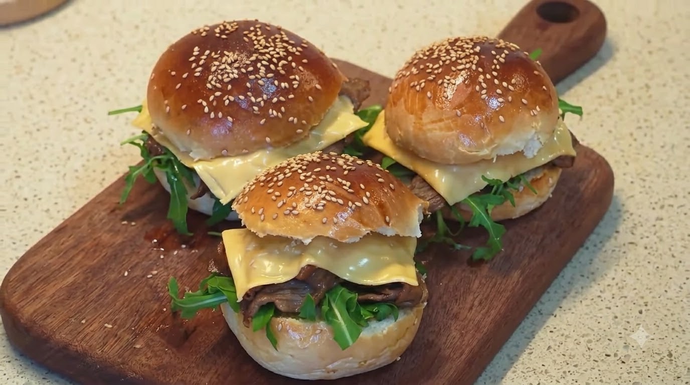 Hausgemachte Teriyaki Beef Burger mit Cheddar und Rucola