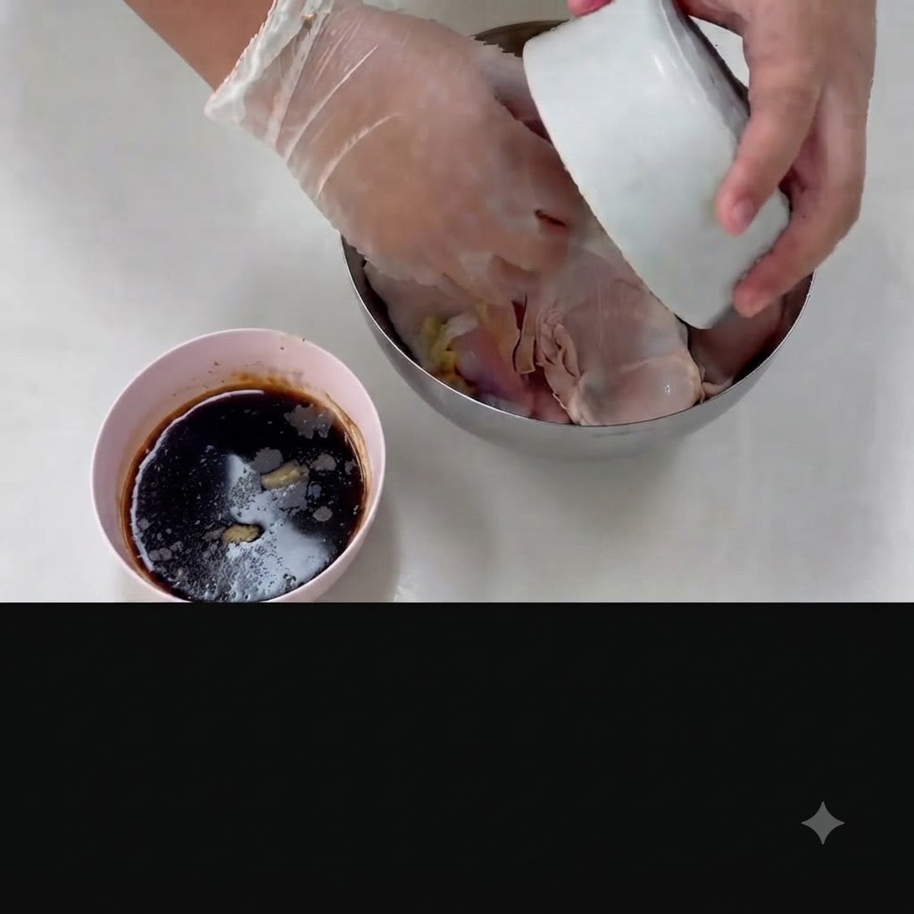 Aromen werden aus einer kleinen Schüssel in die Hähnchenschüssel gegeben.