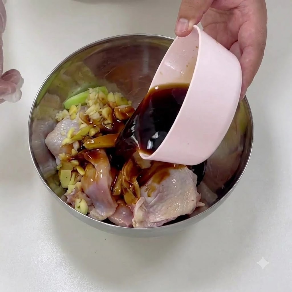 Dunkle Teriyaki-Sauce wird aus einer Schüssel in die Hähnchenschüssel gegossen.