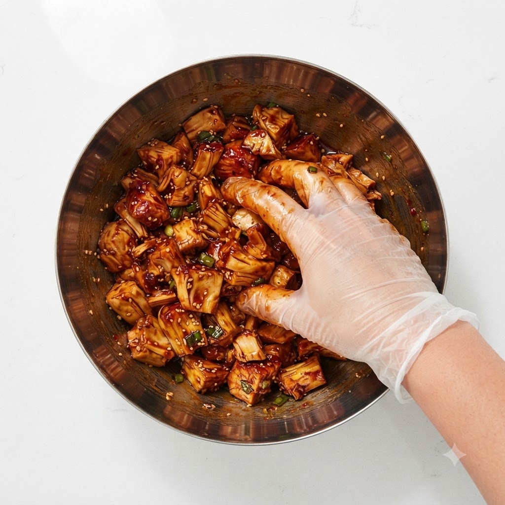Mit Handschuhen bekleidete Hand mischt das Hähnchen und die Marinade in einer Schüssel.