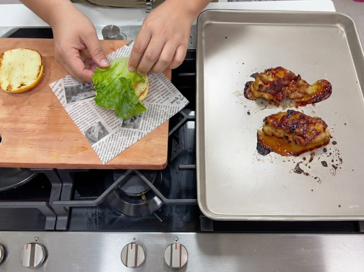 Teriyaki-Sauce wird auf angebratene Hähnchenschenkel auf einem Backblech gestrichen.