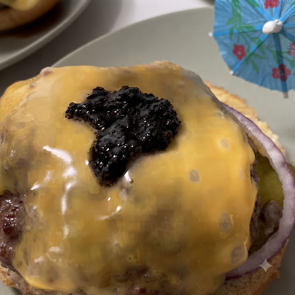 Ein dunkler Klecks schwarzer Trüffelpaste wird auf den geschmolzenen gelben Käse eines Burgers gegeben.