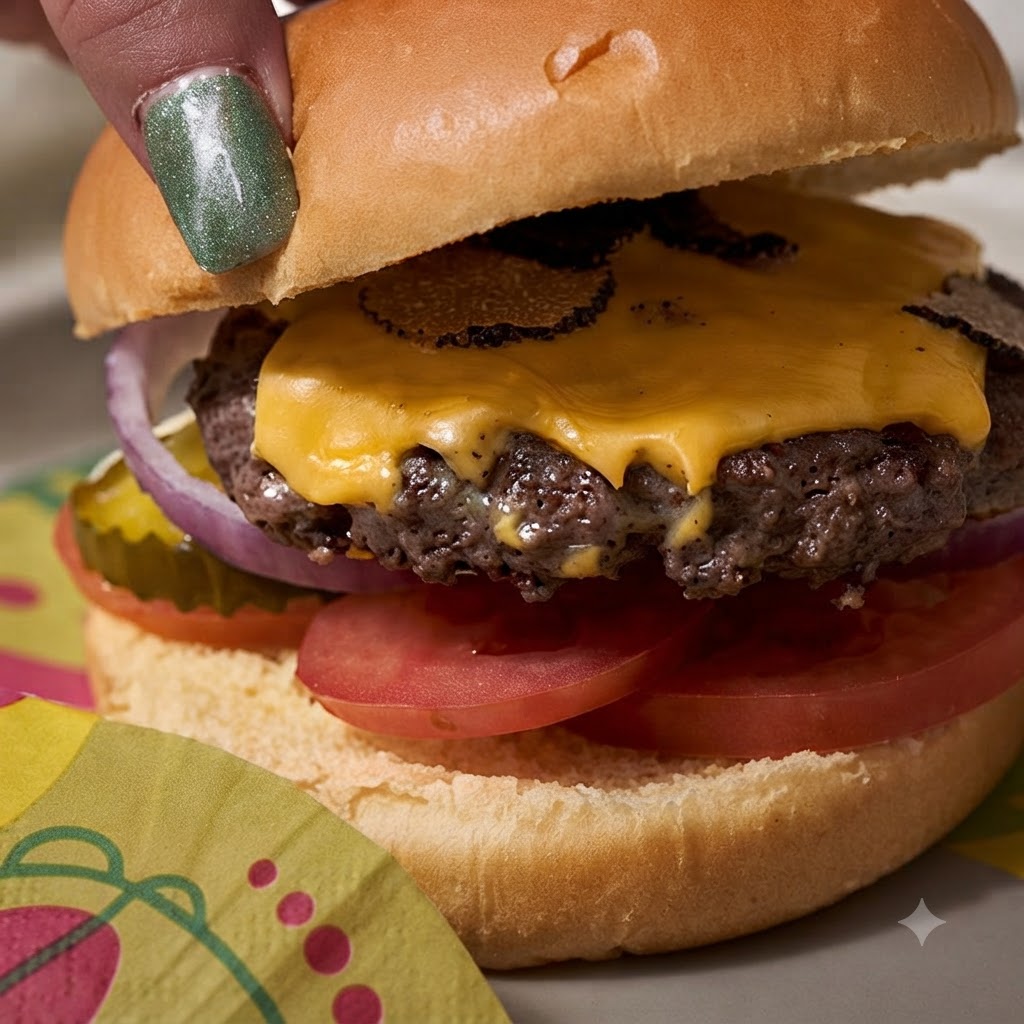 Die obere Brötchenhälfte wird auf den geschmolzenen Käse und das Rindfleisch-Patty gelegt, um den Burger fertigzustellen.