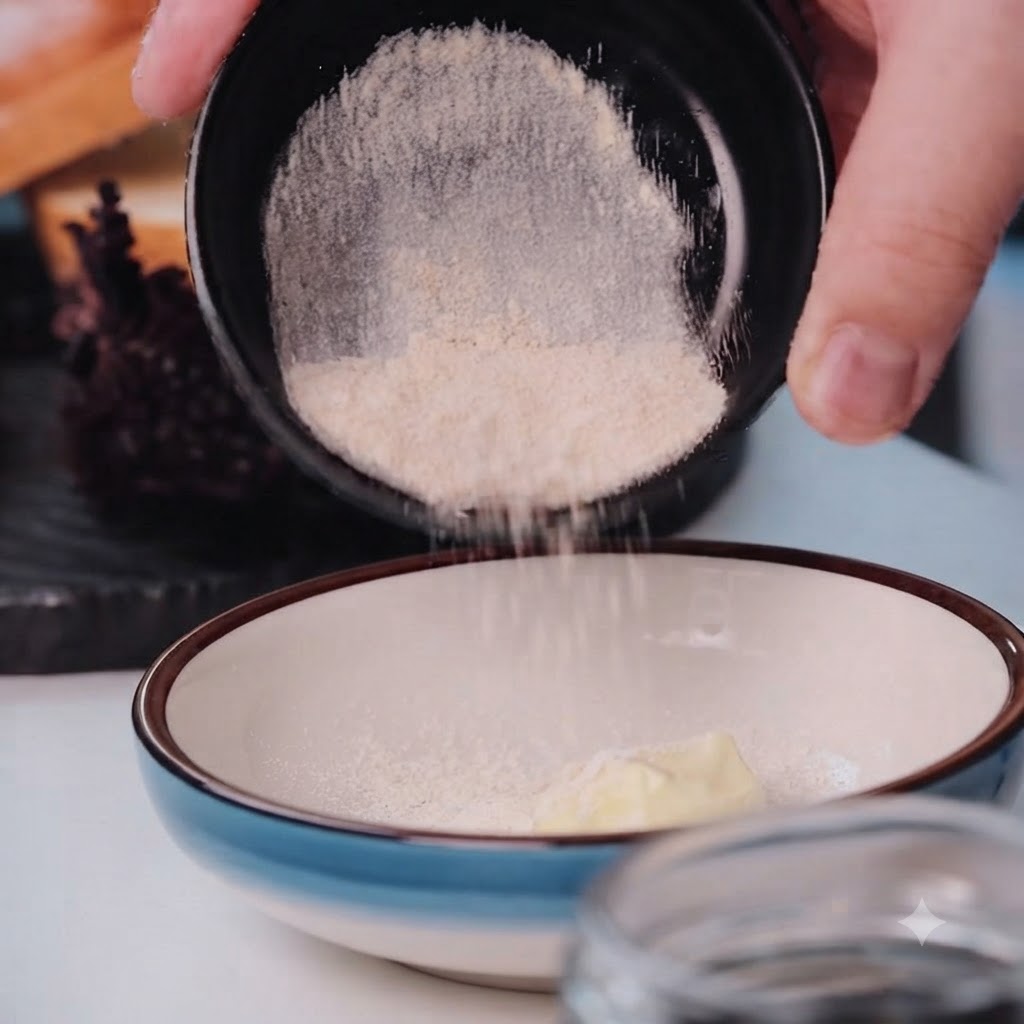 Knoblauchpulver rieselt aus einer kleinen schwarzen Schüssel in eine Keramikhüssel mit Mayonnaise.