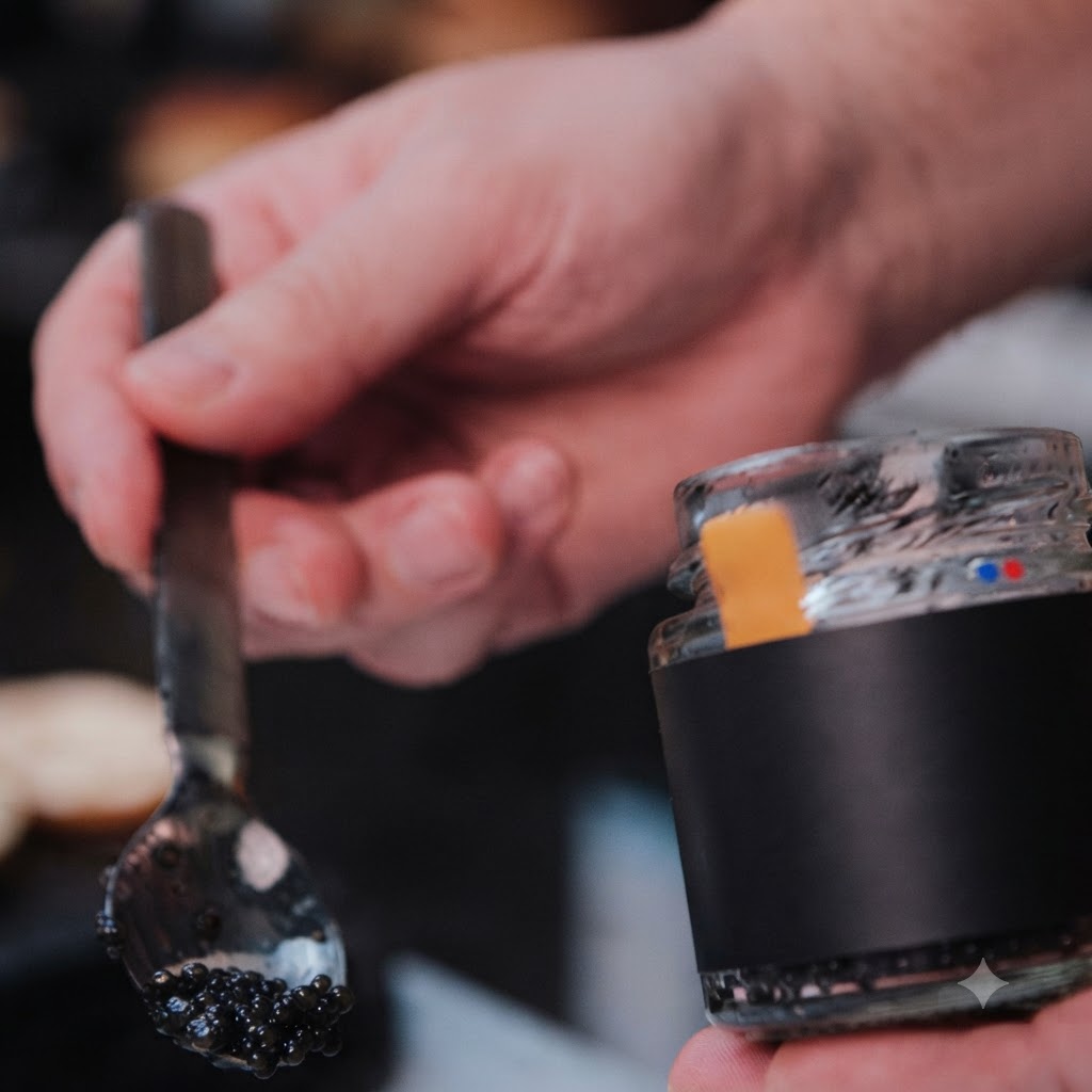 Ein Löffel mit schwarzer Trüffelsauce wird über ein Glas und eine Schüssel gehalten.