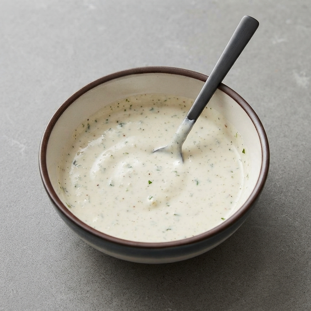 Eine Keramikhüssel mit einer cremigen weißen Sauce, gesprenkelt mit Kräutern und Gewürzen, wird mit einem Löffel verrührt.