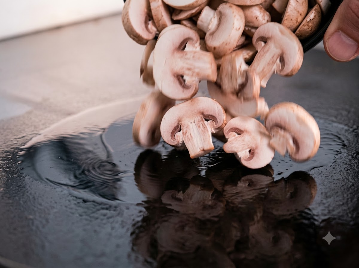 Geschnittene Champignons fallen aus einer Schüssel auf eine heiße, geölte Plancha-Grillfläche.