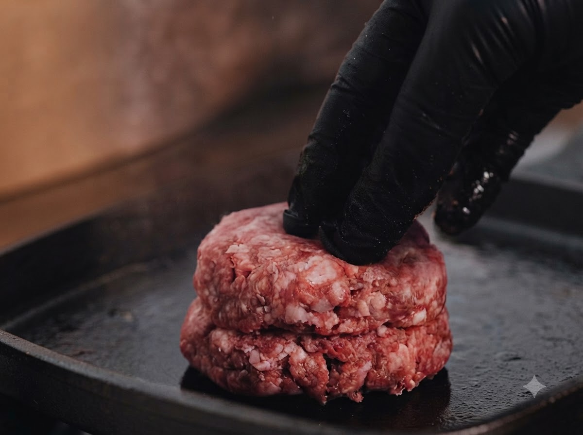 Eine behandschuhte Hand richtet rohe Rindfleisch-Patties auf einer heißen Flachgrillfläche aus.