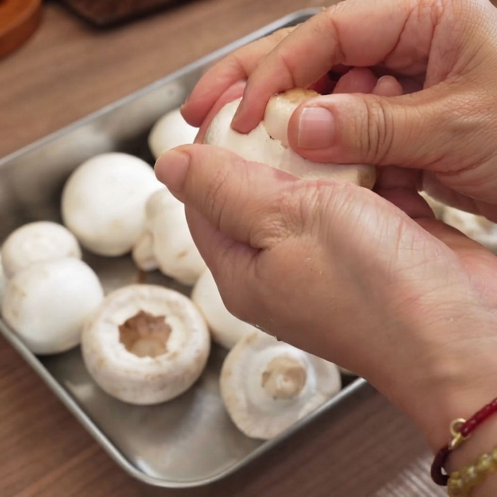 Nahaufnahme von Händen, die den Stiel eines frischen weißen Champignons auf einem Metalltablett herausziehen.