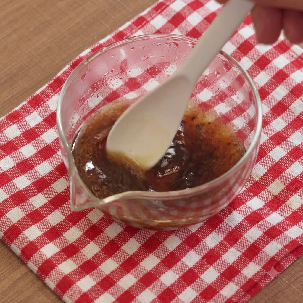Ein Löffel rührt helle Sojasoße und schwarze Trüffelsoße in eine Schüssel mit Pilzsaft auf einem rot-karierten Tuch ein.