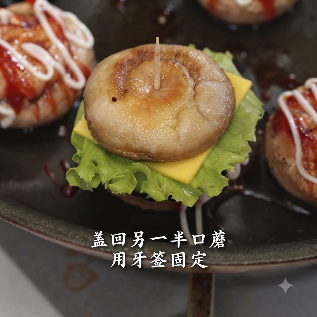 Ein zusammengebauter, gefüllter Pilz-Mini-Burger, der in der Mitte senkrecht von einem Zahnstocher durchbohrt wird.