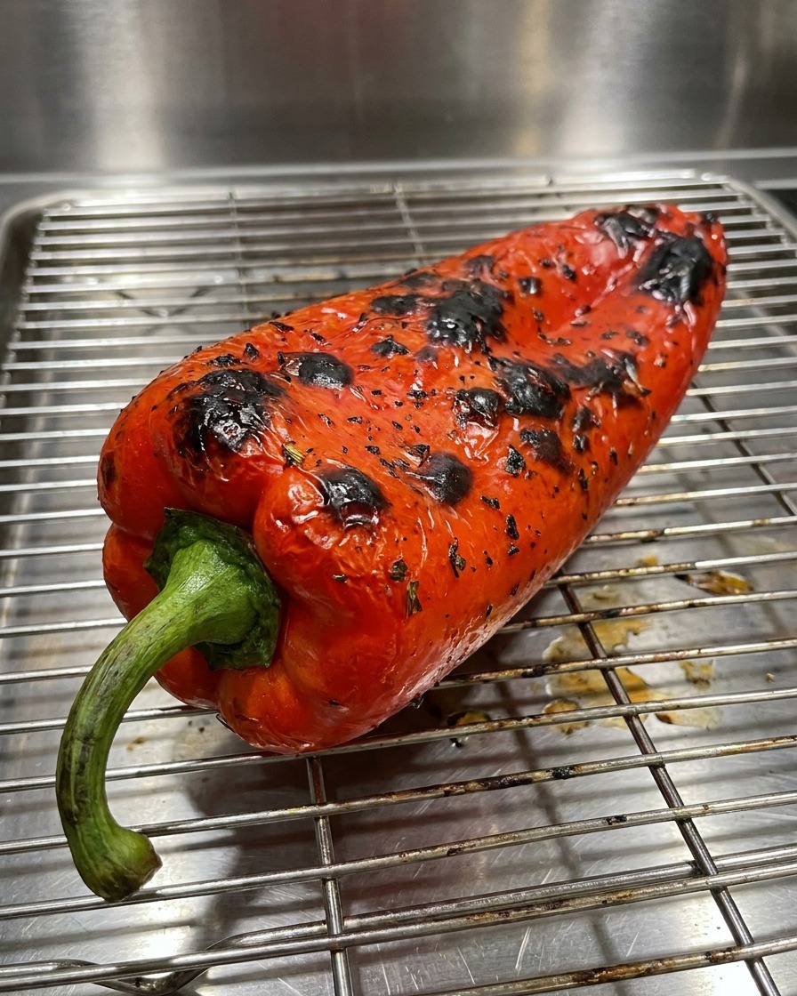 Rote Chilistücke im Inneren des Mixerbehälters.