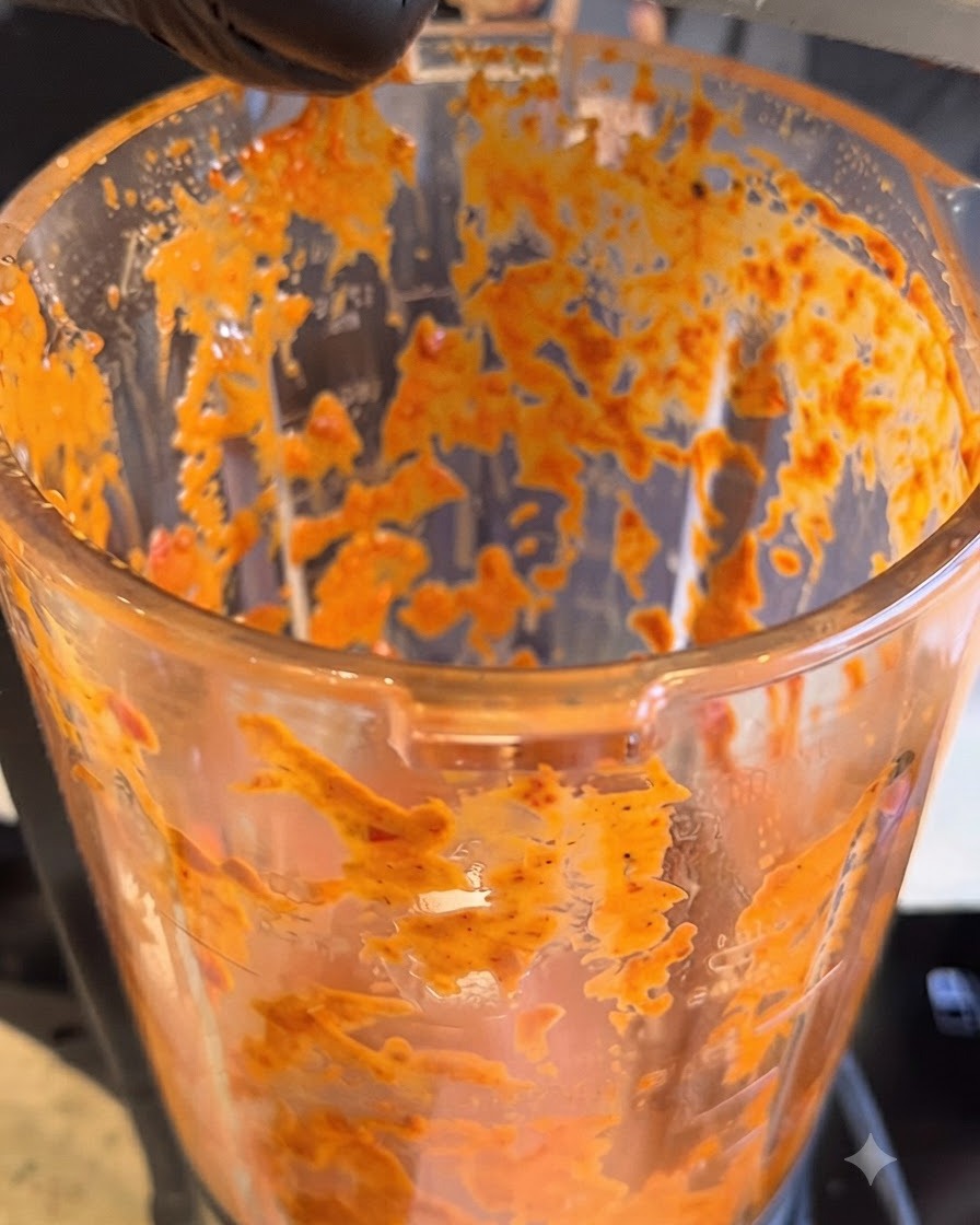 Butterstücke werden zusammen mit der roten Soße in den Mixerbehälter gegeben.
