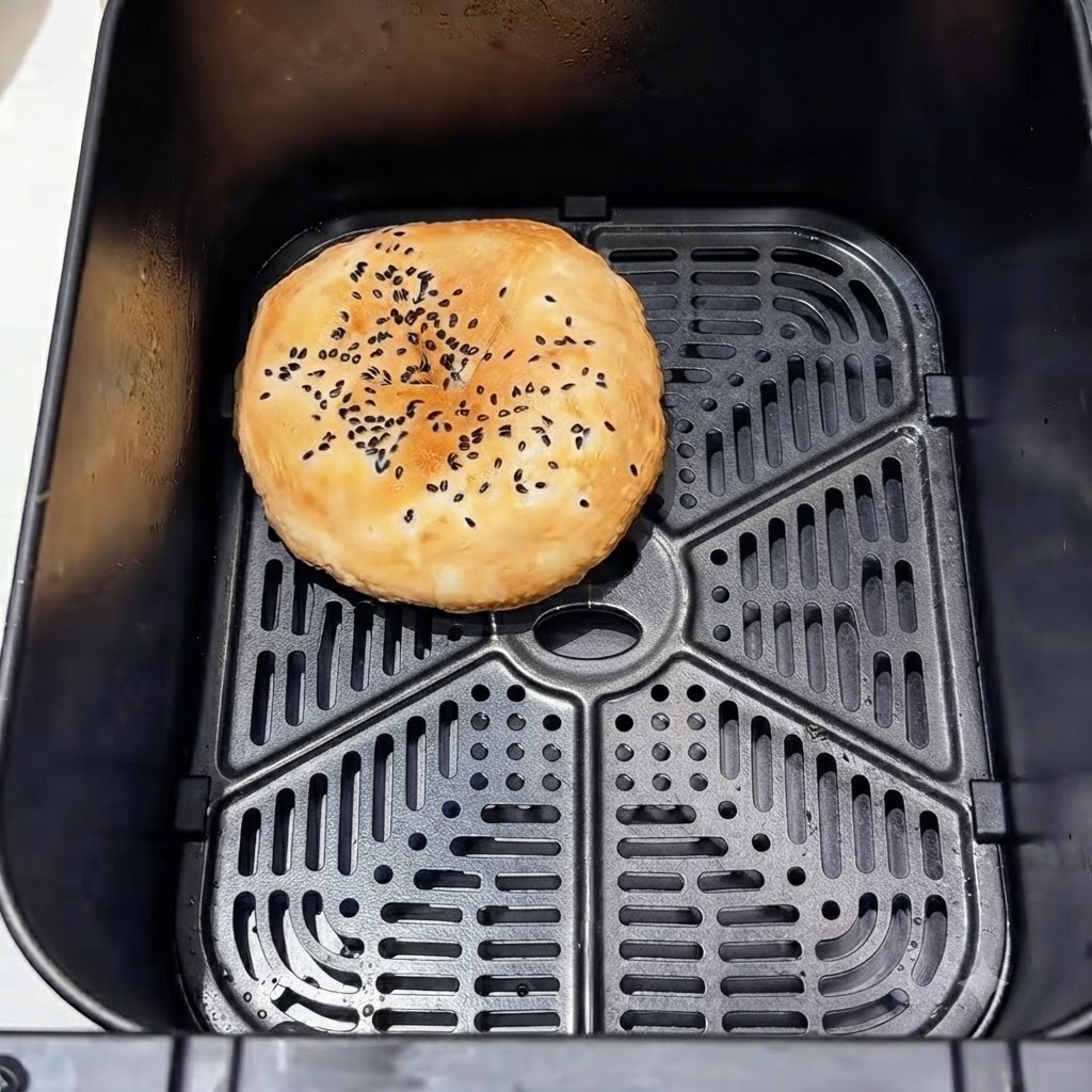 Ein einzelnes Burgerbrötchen liegt im dunklen Korb eines Air Fryers.