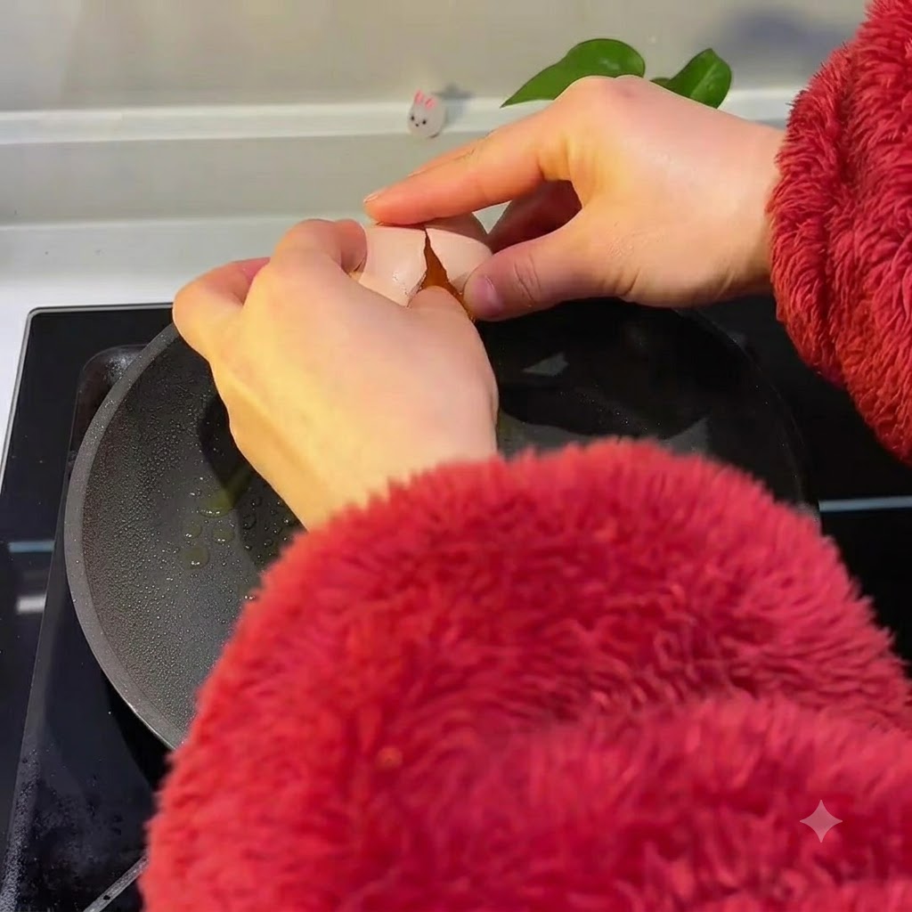 Zwei Eier werden direkt in eine gefettete Bratpfanne auf einem Herd geschlagen.