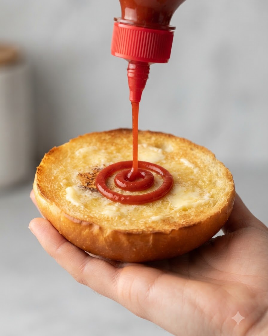 Eine rote Plastikquetschflasche drückt eine Spirale aus hellrotem Ketchup auf die getoastete, mit Butter bestrichene Oberfläche eines in der Hand gehaltenen Burgerbrötchens.