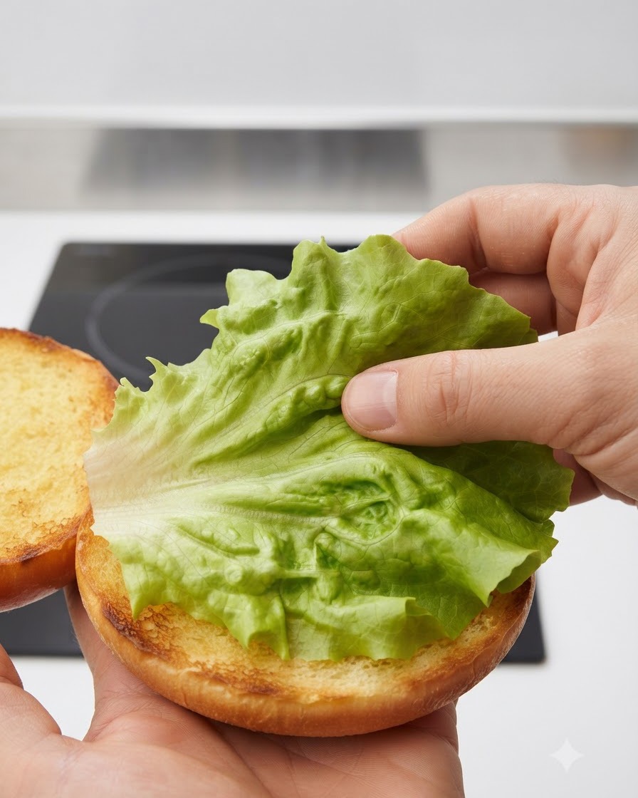 Eine Hand legt ein leuchtend grünes, gewelltes Salatblatt auf die vorbereitete untere Hälfte eines getoasteten Burgerbrötchens.