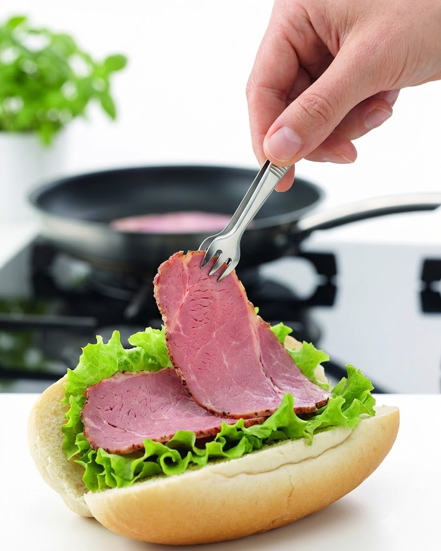Eine Hand benutzt eine Zange, um angebratene Rindfleischscheiben auf ein mit Salat belegtes Burgerbrötchen zu legen.