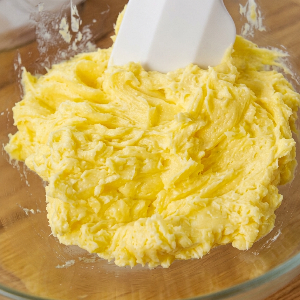 Eine Glasschüssel gefüllt mit weicher gelber Butter, die mit einem Utensil zerdrückt und gerührt wird.