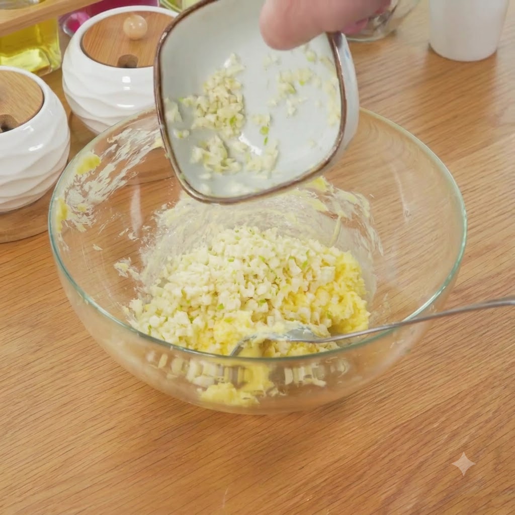 Eine kleine Schüssel, aus der gehackter Knoblauch und Petersilie in die Buttermischung gegeben werden.