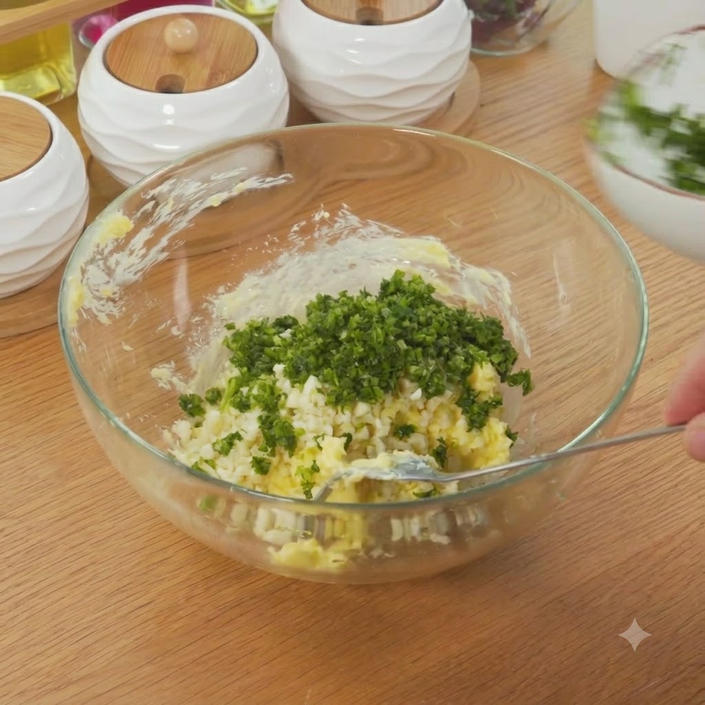 Salz wird in die Schüssel mit Butter, Knoblauch und Petersilie gegeben.