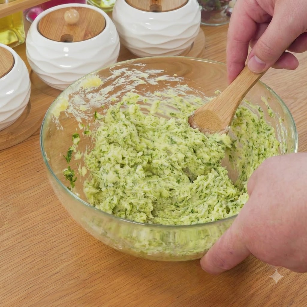 Ein Küchenutensil mischt die grüne Knoblauchbuttersoße in der Glasschüssel.