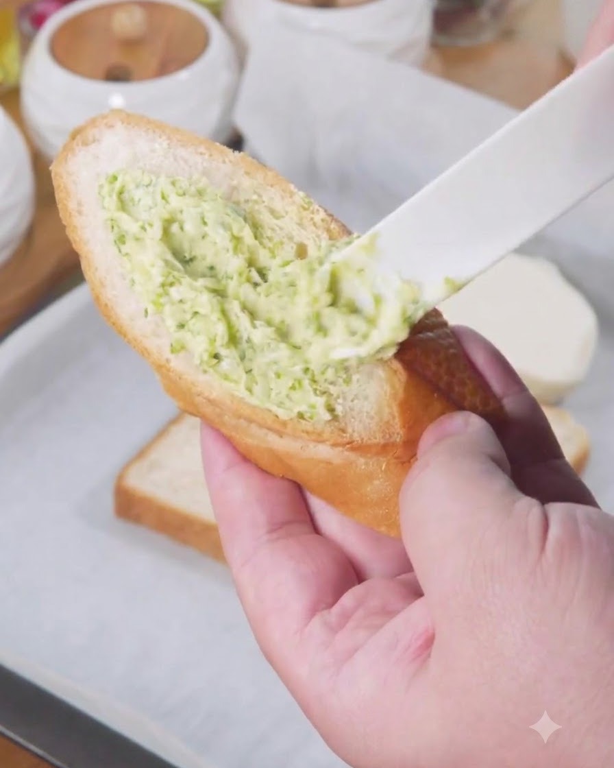 Ein Kunststoff-Streicher trägt grüne Knoblauchbuttersoße auf eine Brotscheibe auf.