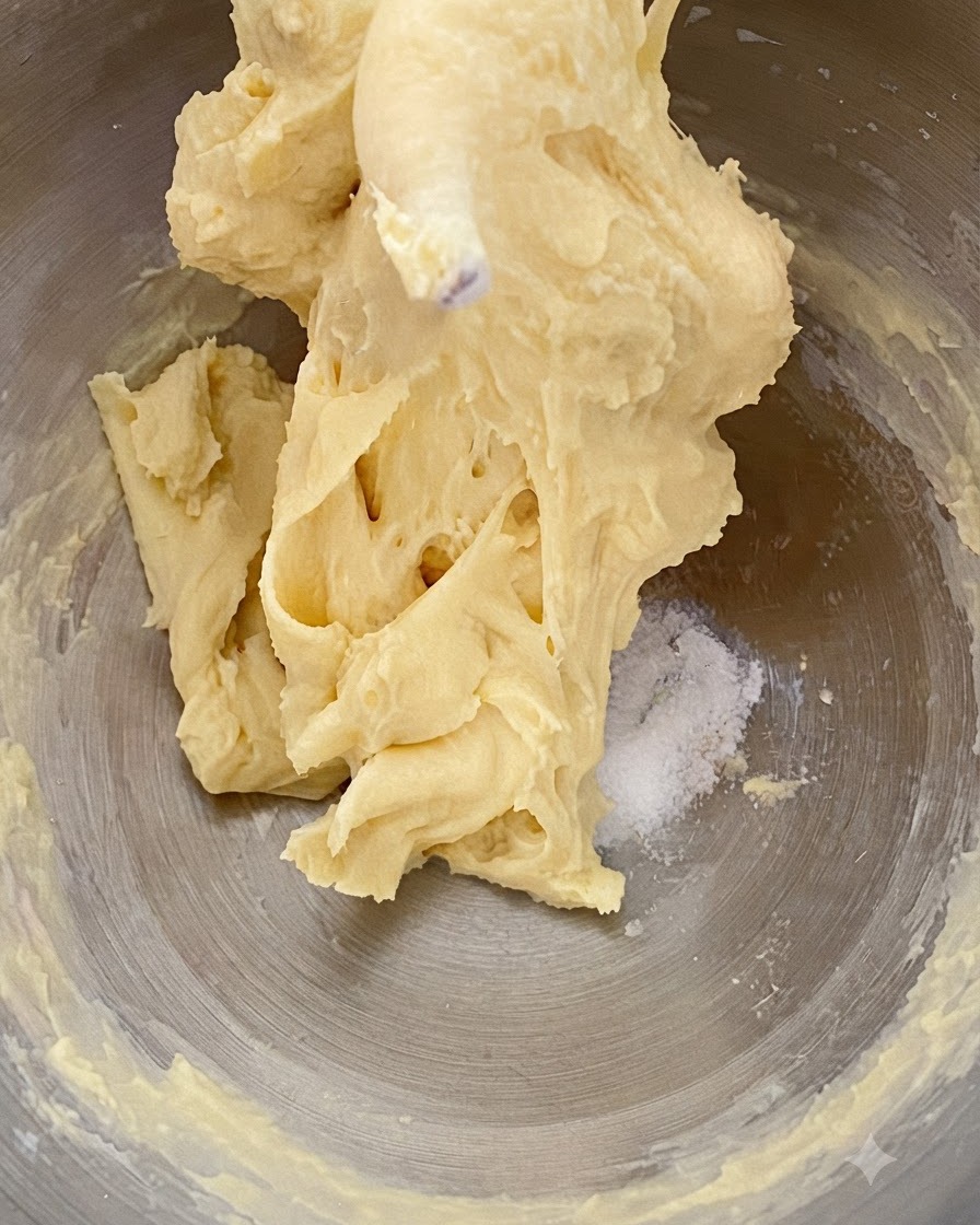 Butter und Salz werden in die Schüssel mit dem gemischten Brioche-Teig gegeben.
