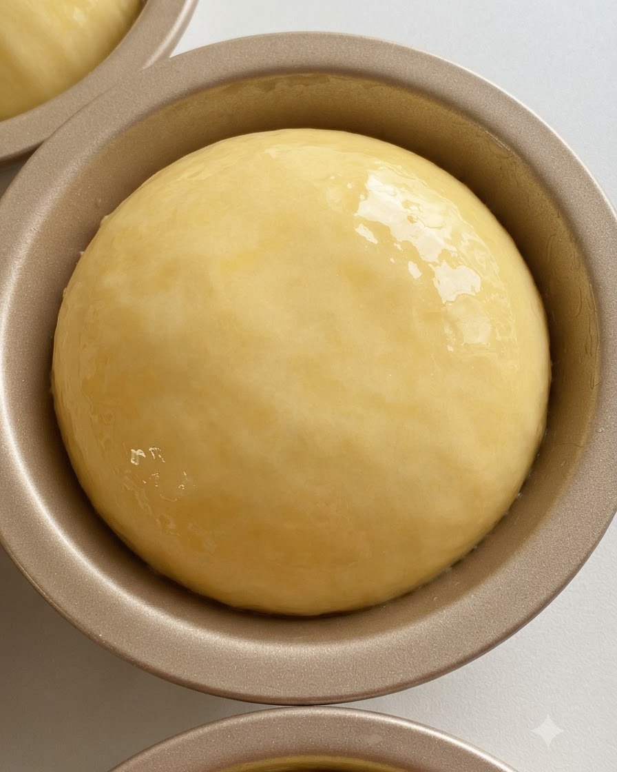 Eine glatte, runde Teigkugel liegt in einer gefetteten runden Metall-Burgermold.