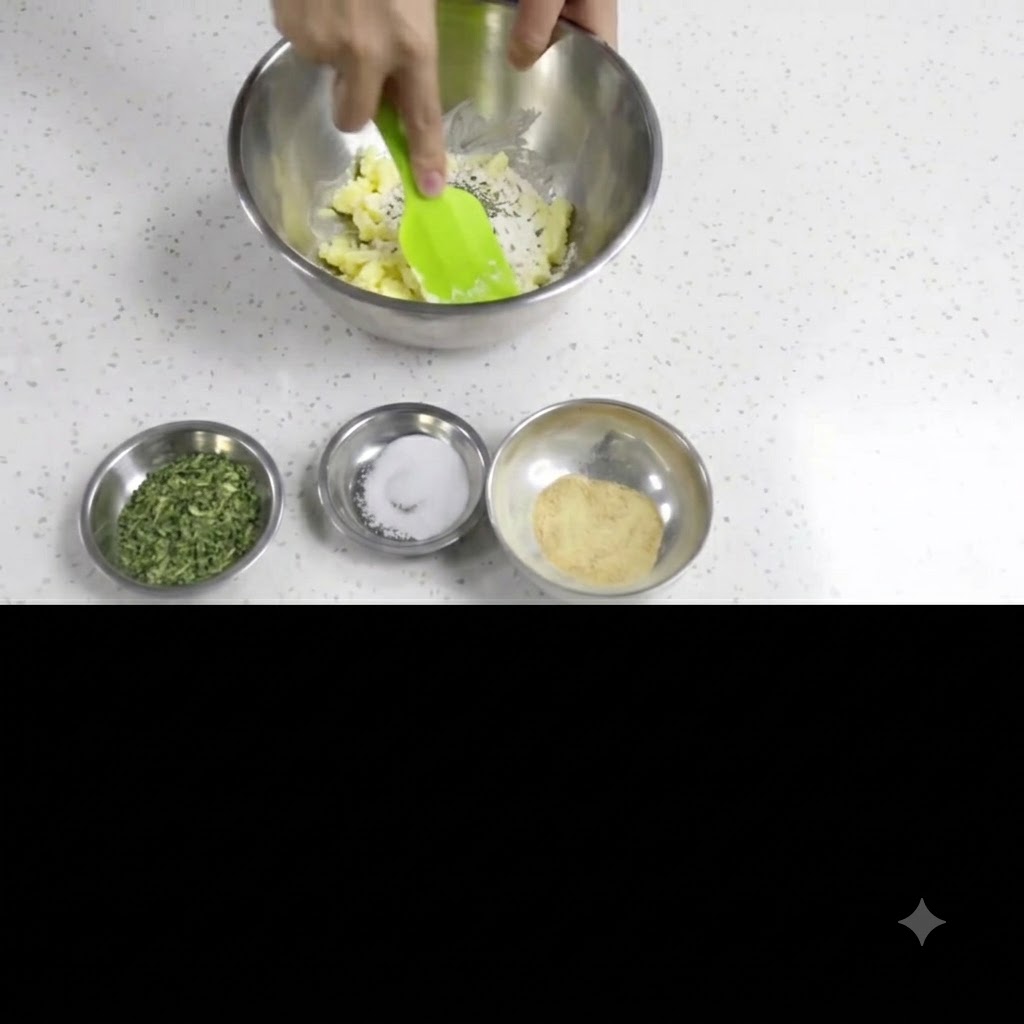 Eine Hand rührt mit einem grünen Silikonspatel weiche Butter in einer Rührschüssel um.