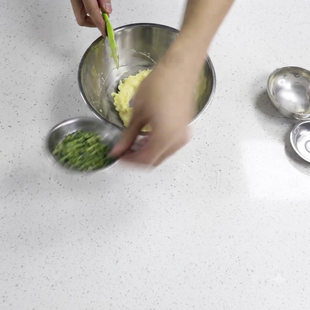 Eine Hand gibt gehackte Petersilie aus einer kleinen Schüssel in die Rührschüssel mit Butter.