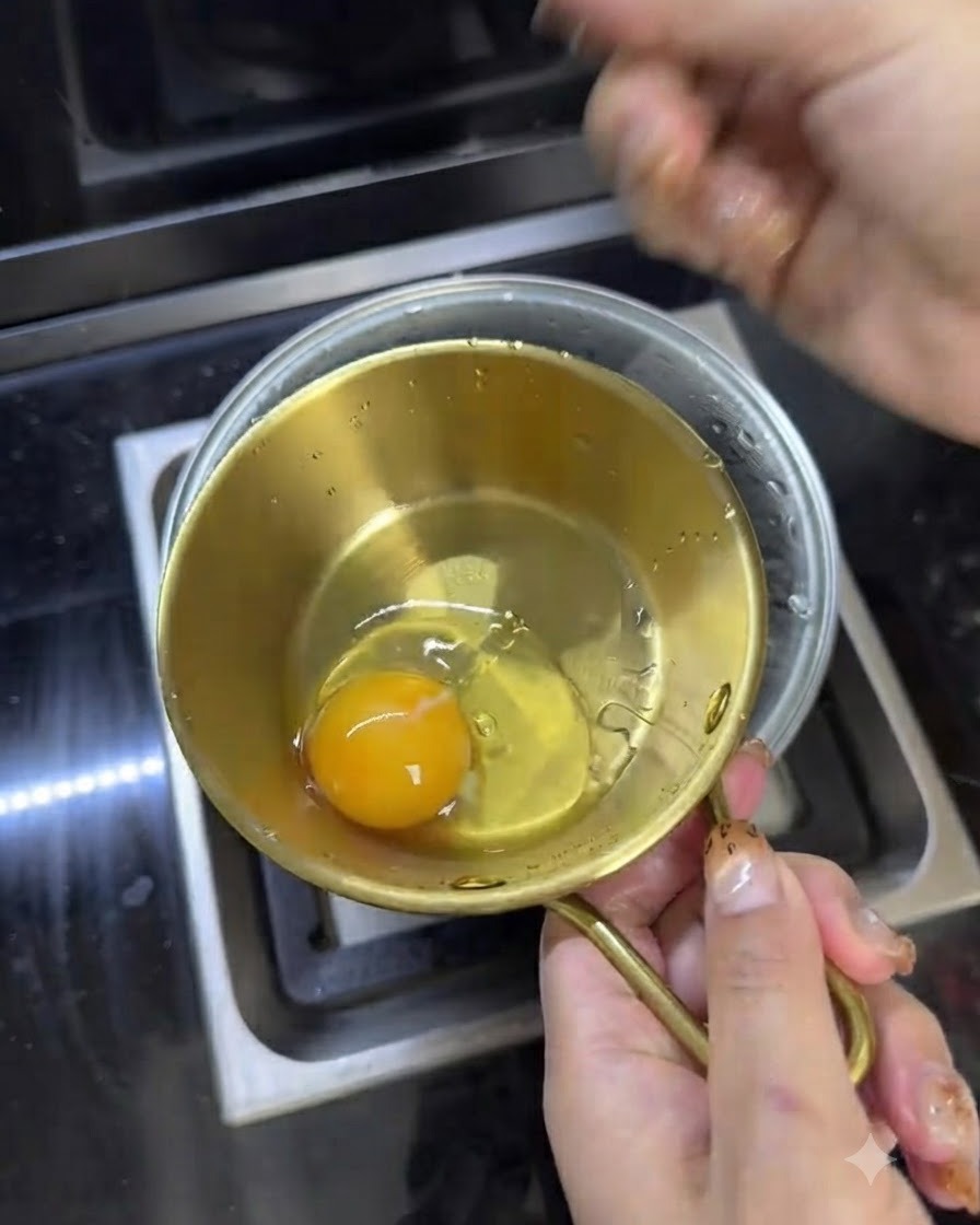 Zwei aufgeschlagene Eier in einer kleinen goldenen Schüssel mit einem Tropfen rotem Chili-Öl.