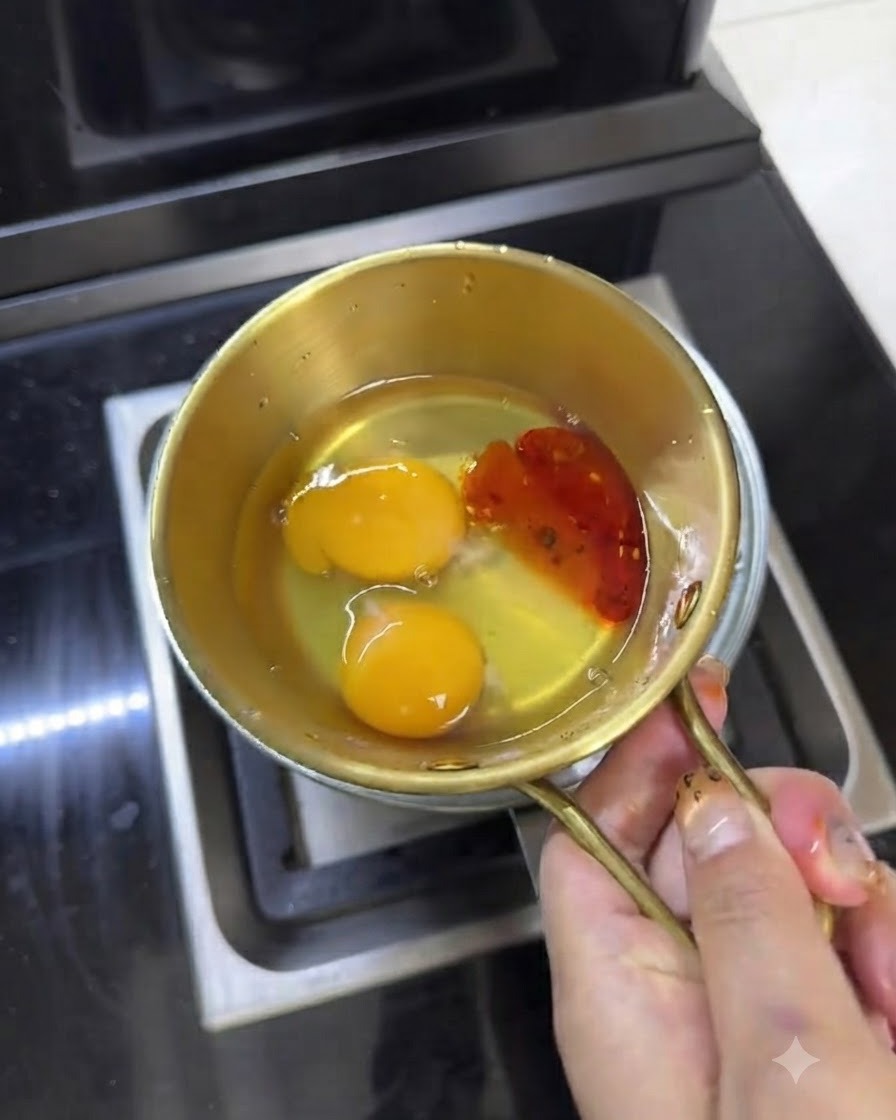 Stäbchen verquirlen Eier und Chili-Öl in einer kleinen Metallschüssel.