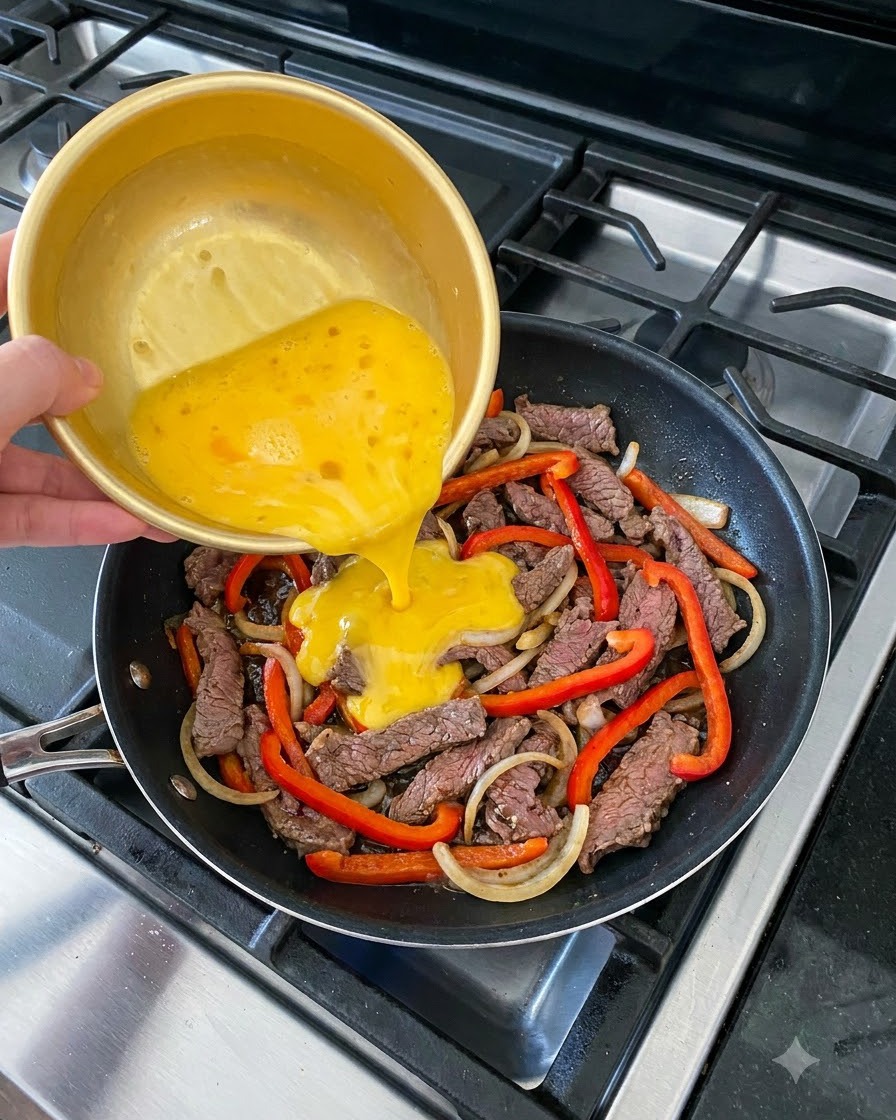 Verquirlte Eier werden aus einer goldenen Schüssel in eine Pfanne mit Rindfleischstreifen, Zwiebeln und Paprika gegossen.