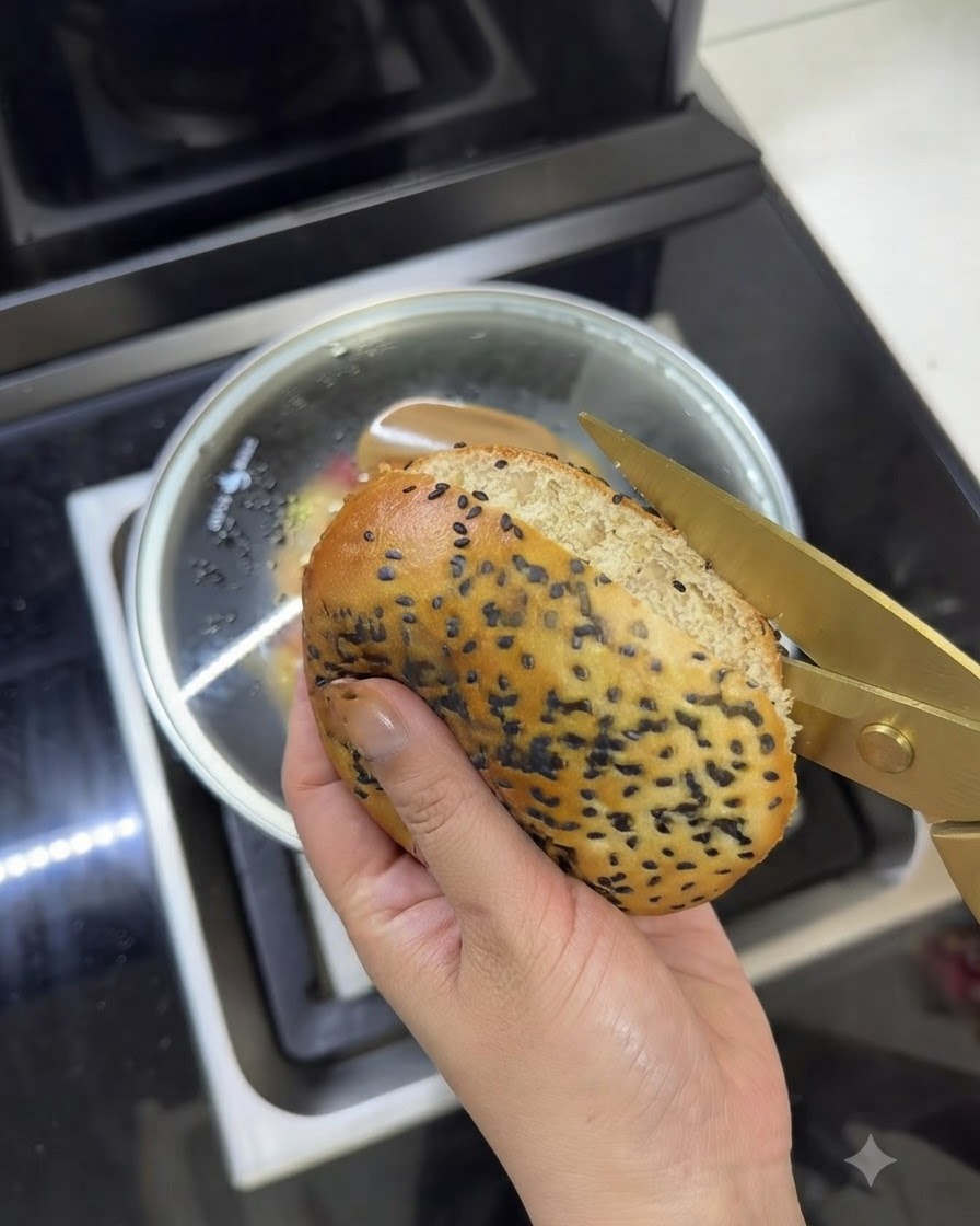 Ein warmes Butter-Burger-Brötchen wird vorsichtig mit einer goldenen Küchenschere aufgeschnitten.