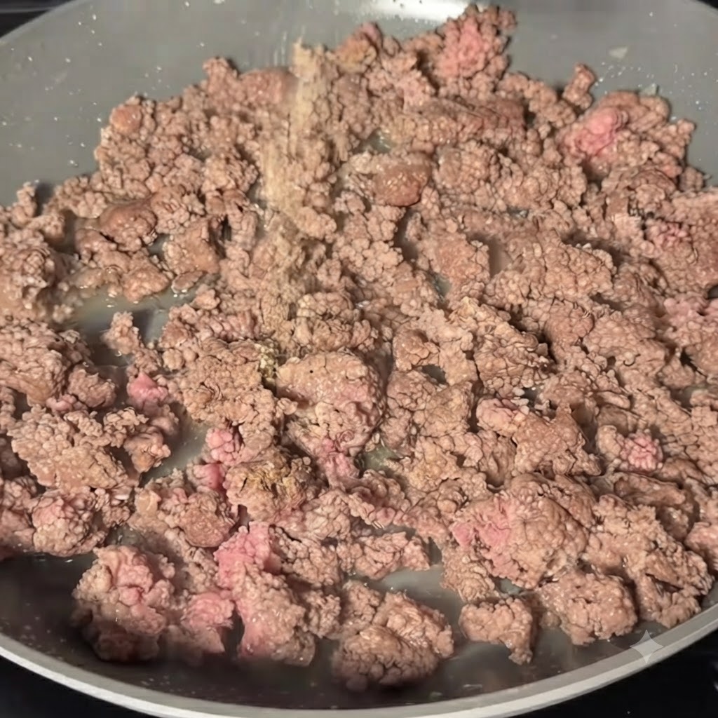 Gewürze und Gewürzpulver werden in einer Pfanne über braunes Rinderhackfleisch gestreut.