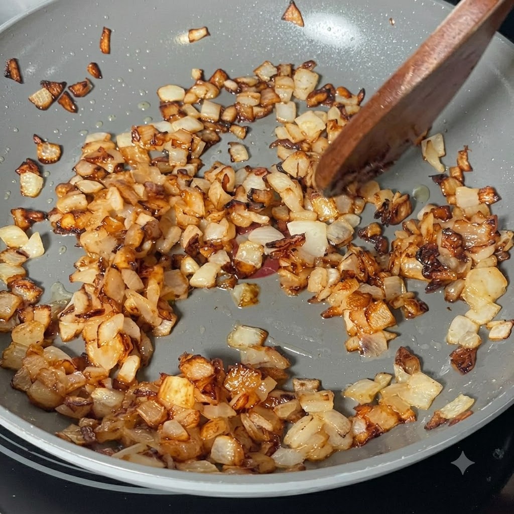 Gewürfelte Zwiebeln garen in einer Bratpfanne, werden goldbraun und mit einem Holzlöffel umgerührt.
