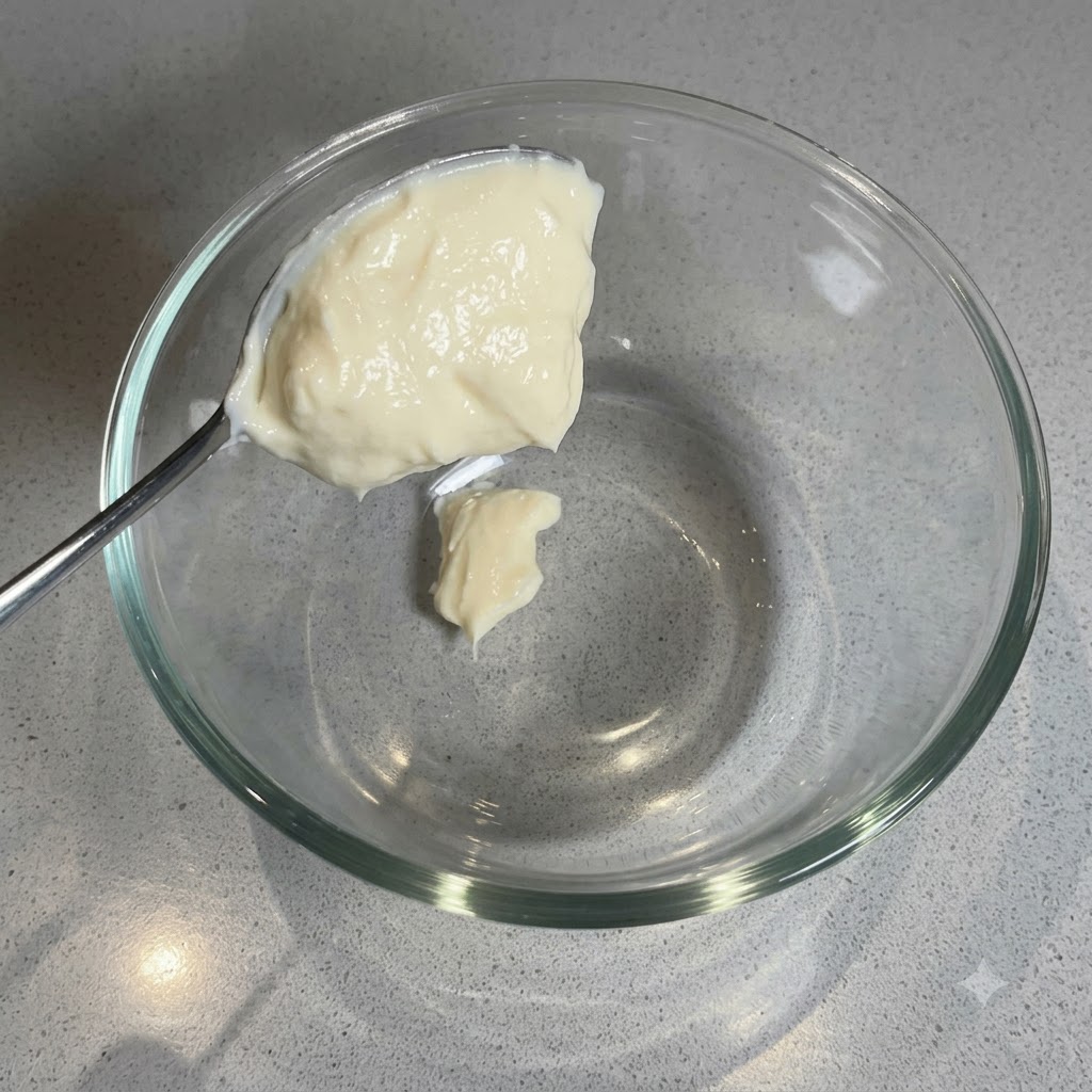Ein Löffel weiße, cremige Mayonnaise oder griechischer Joghurt wird in eine leere Glasschüssel gegeben.
