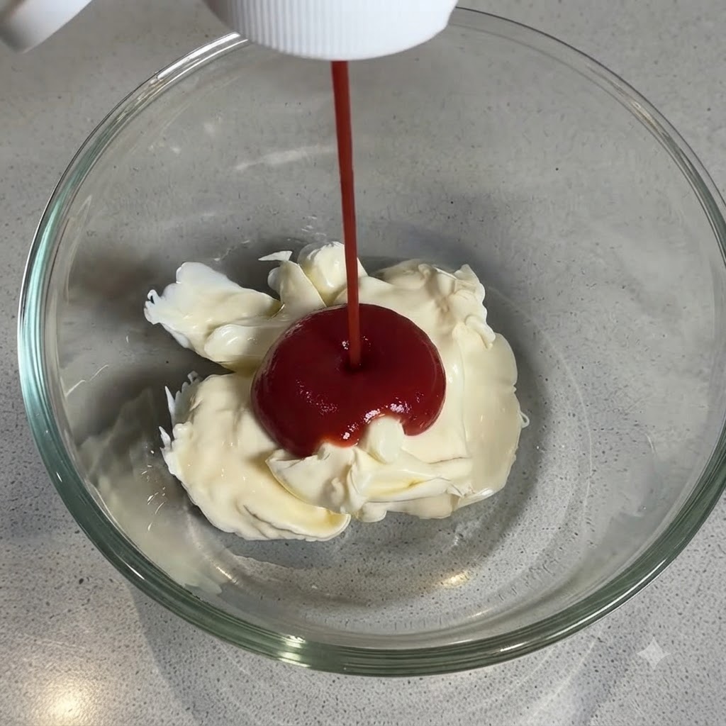 Ein Strahl roter Ketchup wird in einen weißen Klecks Mayonnaise in einer klaren Glasschüssel gegossen.