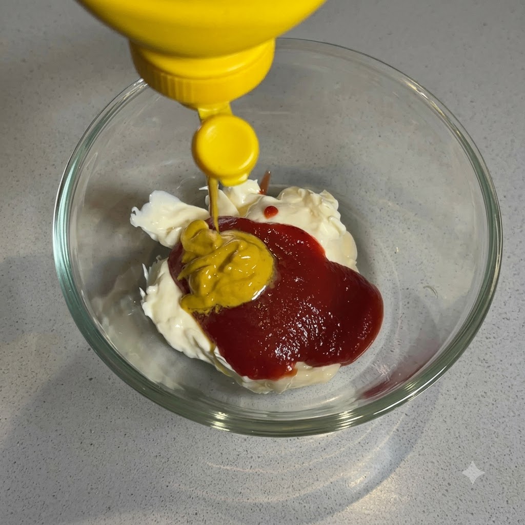 Gelber Senf wird aus einer Flasche auf den roten Ketchup und die weiße Mayonnaise in eine Glasschüssel gedrückt.