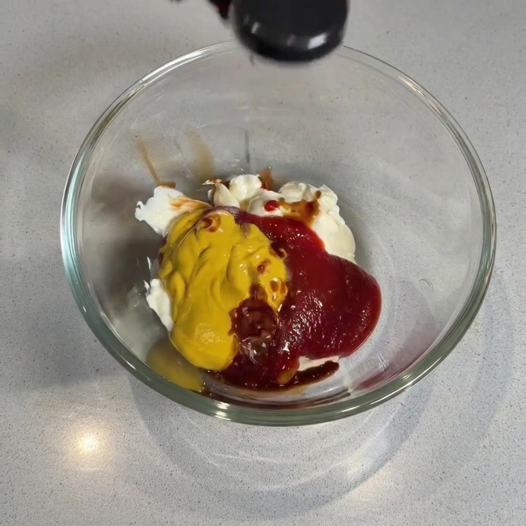 Dunkle Worcestersauce wird in die Schüssel mit Mayonnaise, Ketchup und Senf getropft.