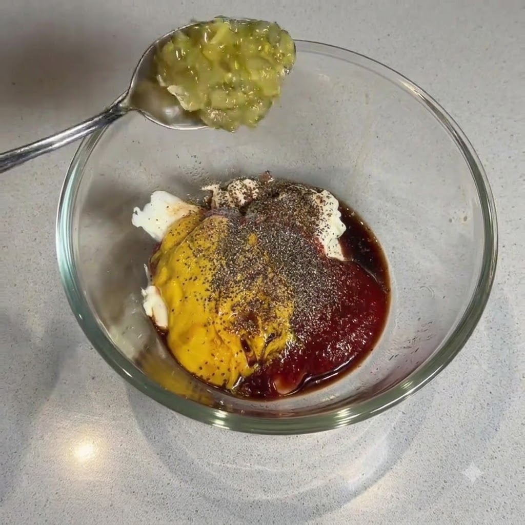 Ein Löffel grünes Gurkenrelish wird über der mit der Saucenbasis und Gewürzen gefüllten Glasschüssel gehalten.