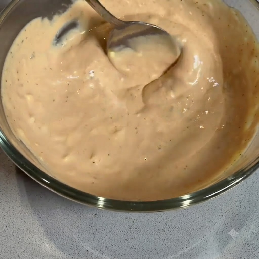 Ein Löffel rührt eine cremige, hell orangefarbene Burgersauce in einer klaren Glasschüssel um.