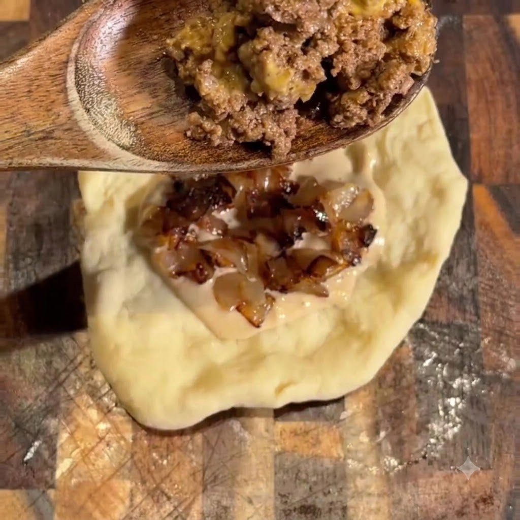 Gekochtes Rinderhackfleisch wird mit einem Holzlöffel über die Zwiebeln und die Sauce gegeben.