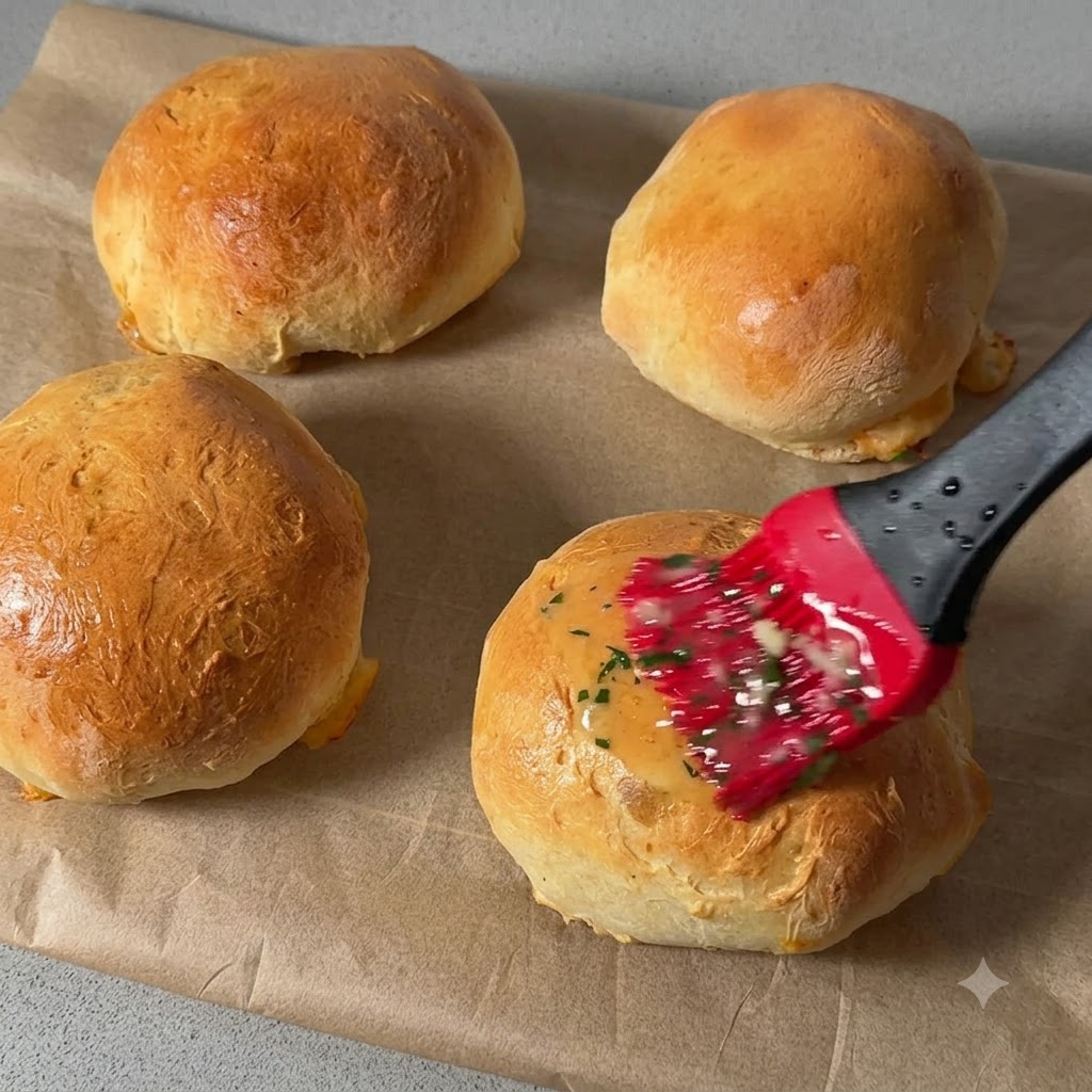 Ein roter Silikonpinsel verteilt geschmolzene Knoblauchbutter und Kräuter gleichmäßig auf der Oberseite eines goldgebackenen Brötchens.