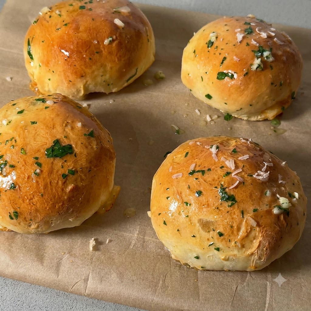 Frisch geriebene Parmesankäseflocken und fein gehackte grüne Kräuter sind über der Oberseite der glasierten goldenen Brötchen verstreut.