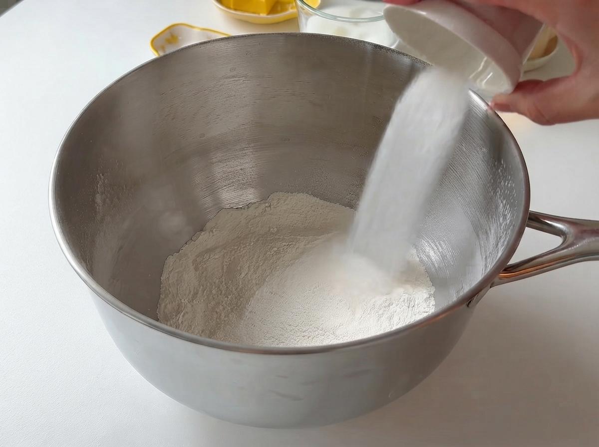 Trockene und flüssige Zutaten werden in eine große Rührschüssel aus Metall gegeben.