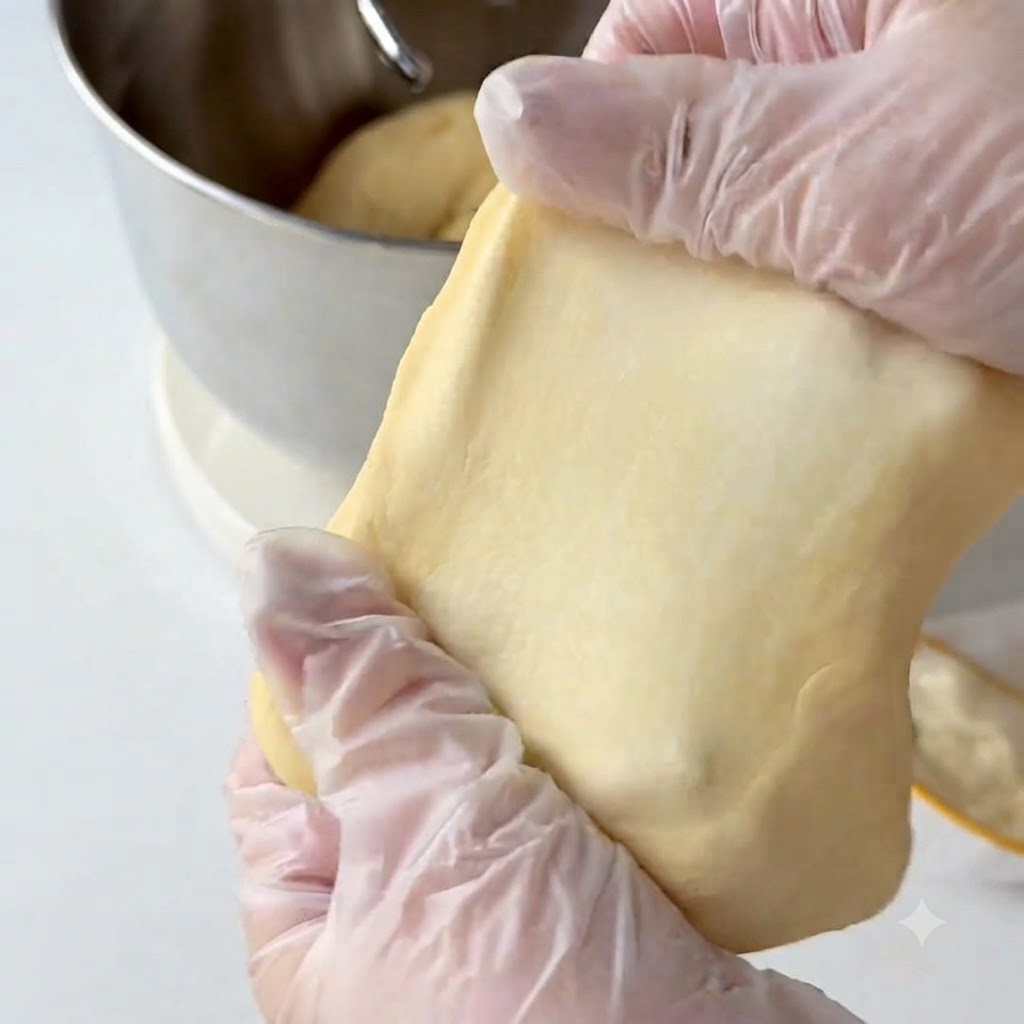 Bewaehrte Hände mit Handschuhen dehnen ein Stück gelblichen Teig, um die Glutenentwicklung zu testen.