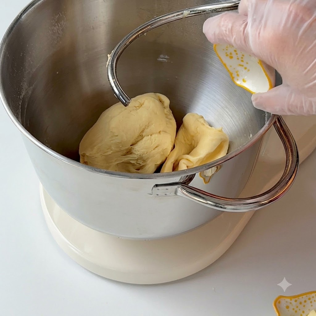 Weiche Butter und Frischkäse werden zu dem Teig in die Rührschüssel gegeben.